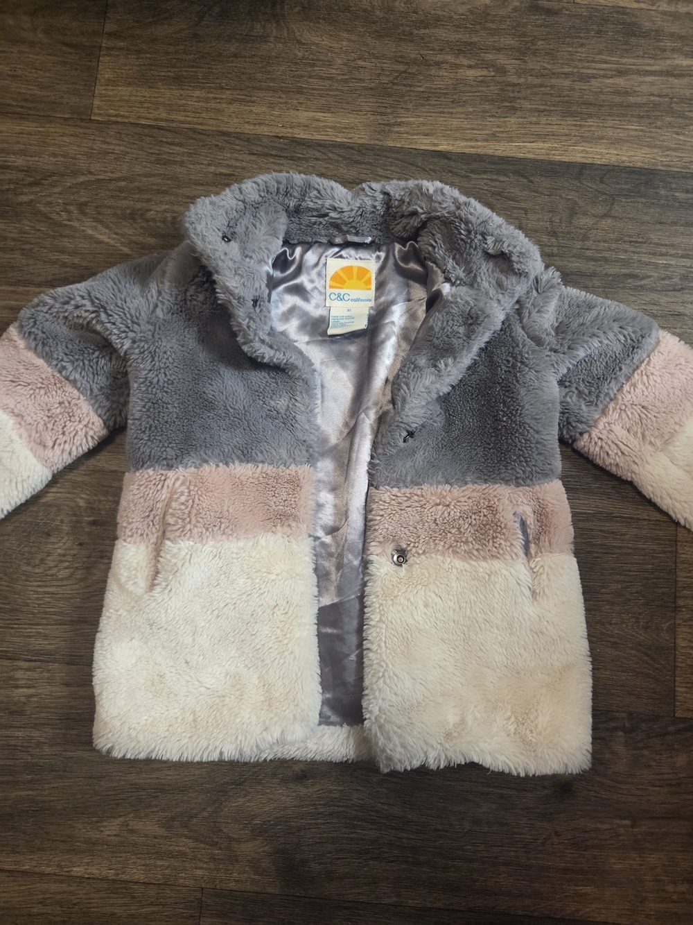 C&C California Girls' Colorblock Faux Fur Jacket - Gray, Pink & Cream